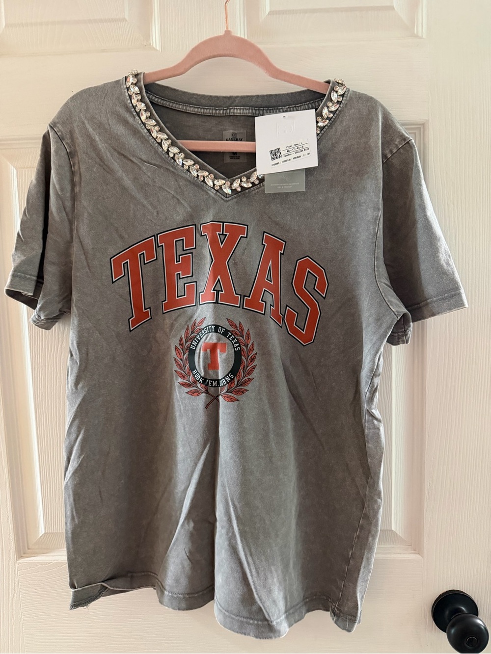 Embellished V-Neck Texas Logo Tee - Gray